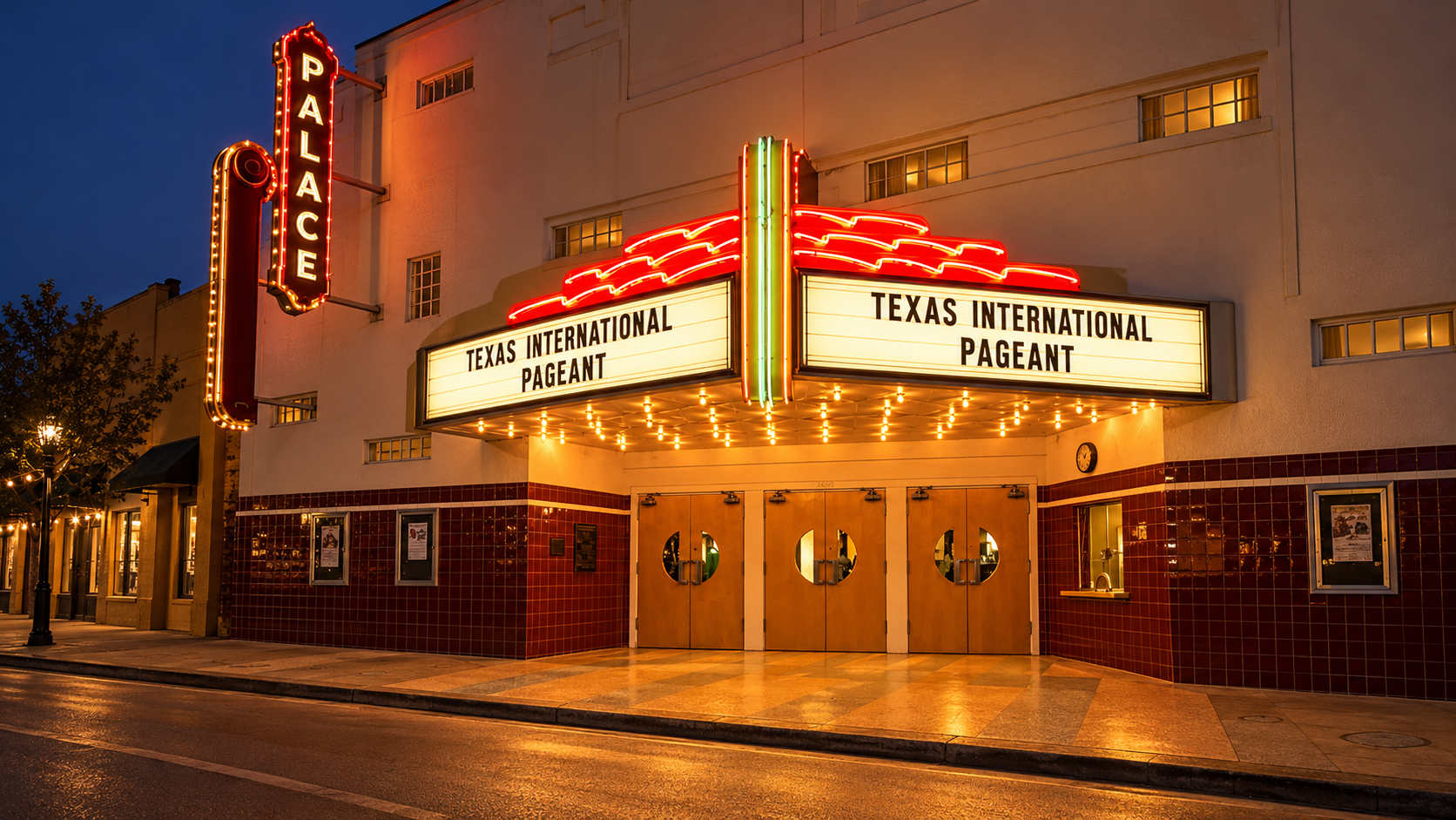 Palace Arts Center in Grapevine with Texas International Pageant on the illuminated marquee